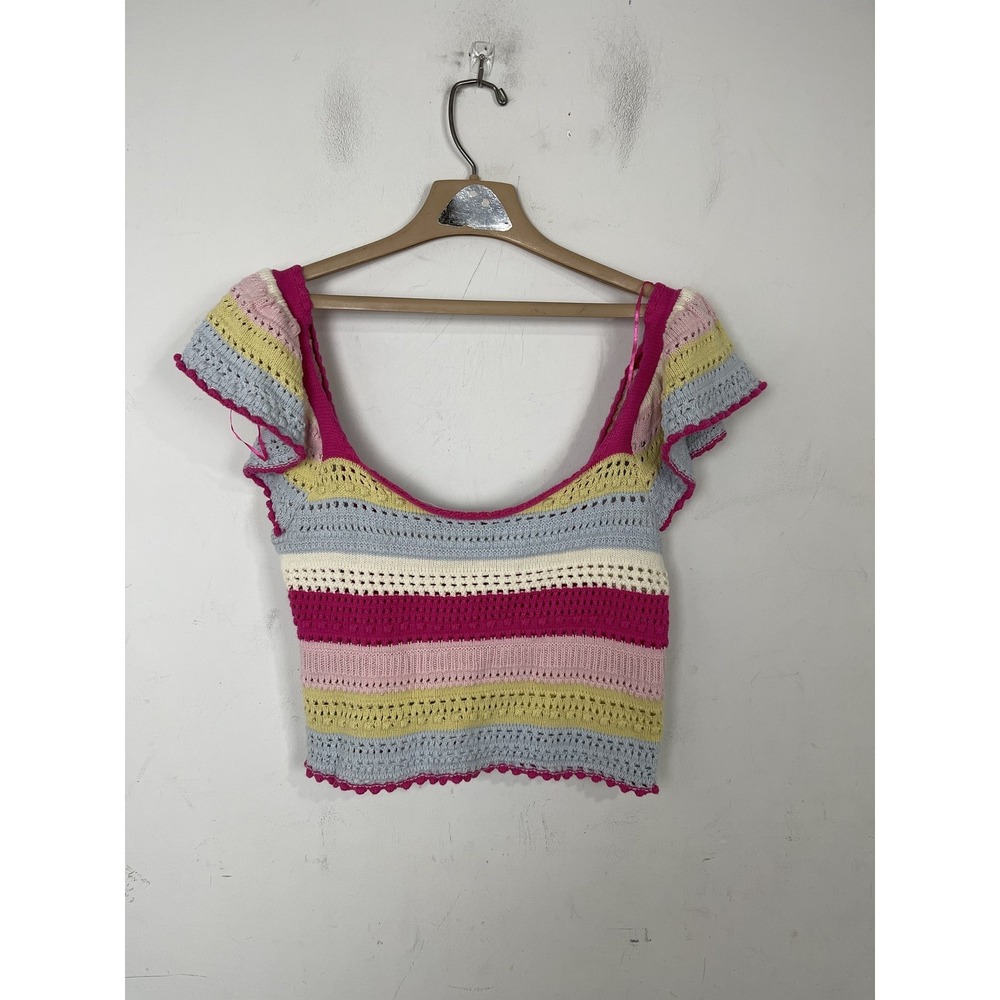 SINCERELY JULES Womens Top Large Crochet Knit Striped Crop Festival Rainbow Top